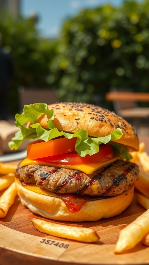 A classic grilled hamburger with lettuce, tomato, cheese on a bun, served with fries on a wooden plate.